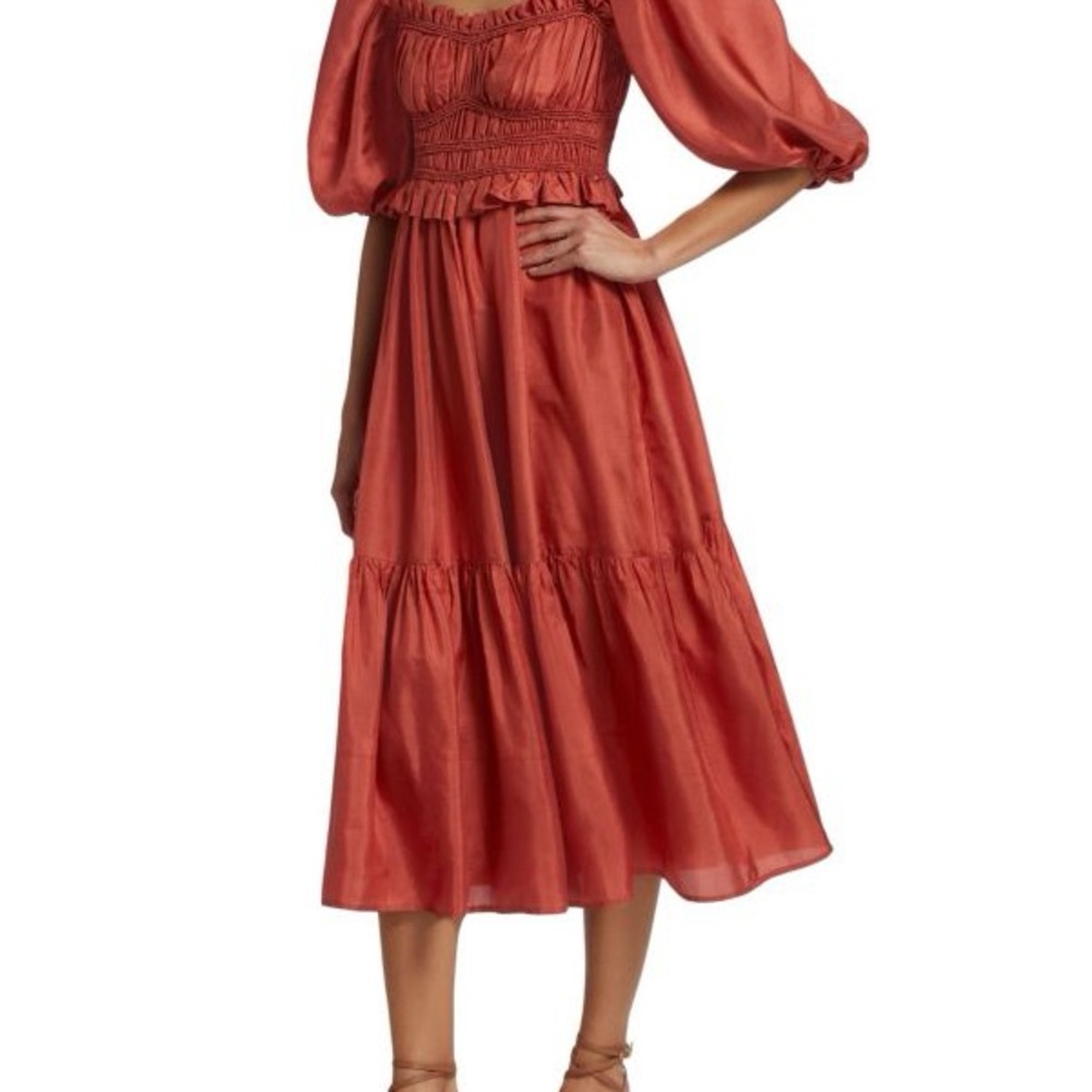 Kyle Puff Sleeve Silk Midi Dress